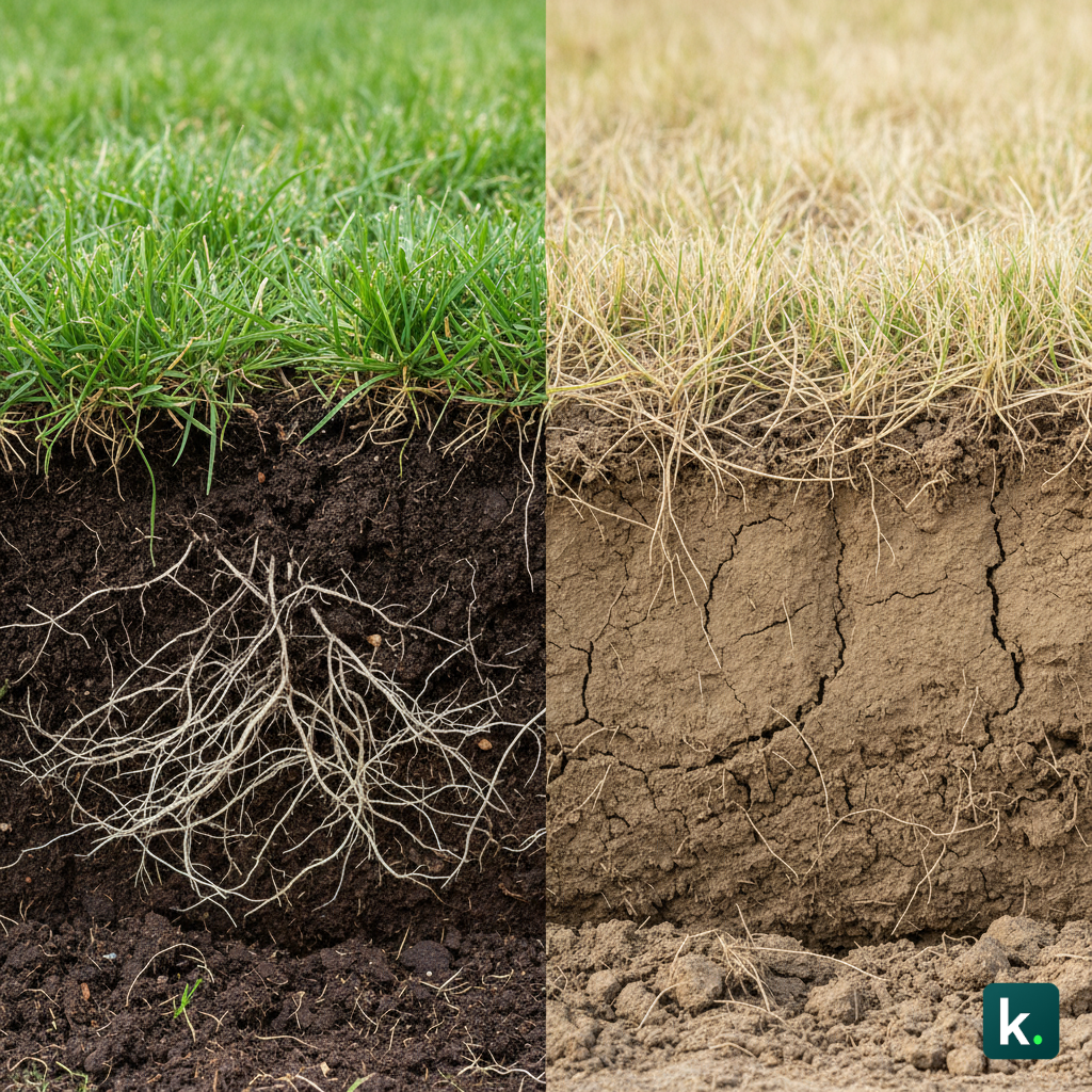 Pelouse mature avec enracinement profond et racines fortes, comparée à pelouse faible avec racines superficielles
