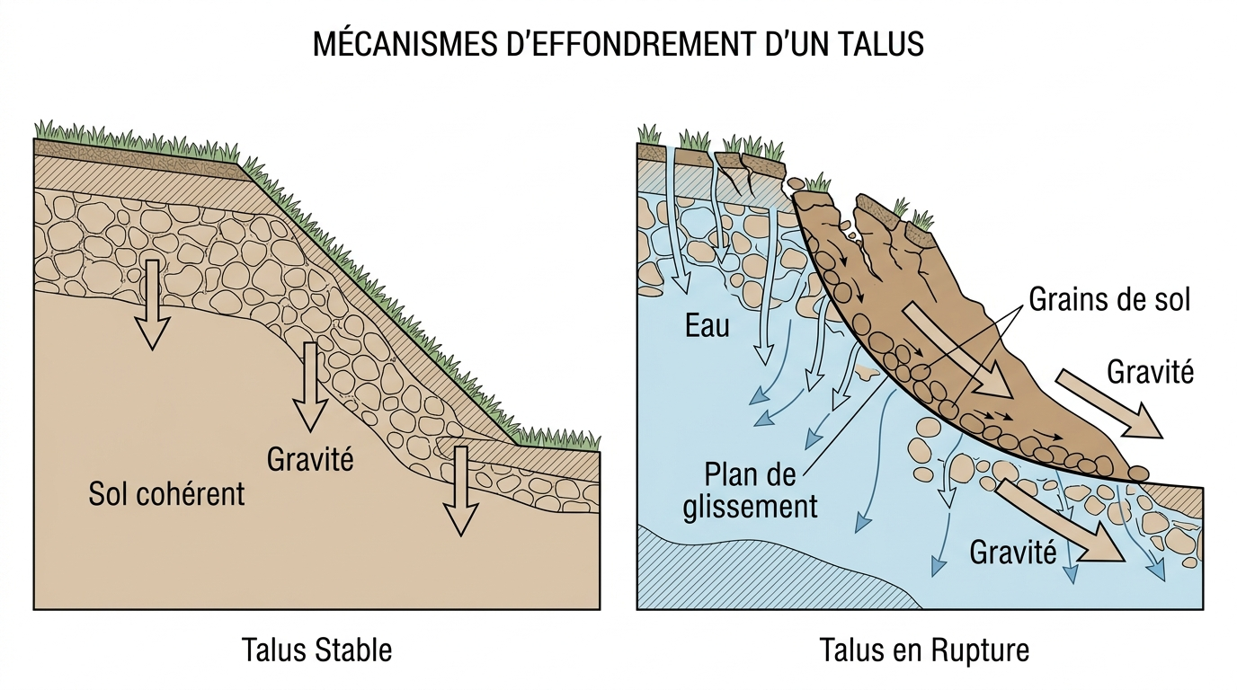 Schéma de coupe transversale montrant les mécanismes d'efondrement d'un talus avec infiltration d'eau et glissement des sols