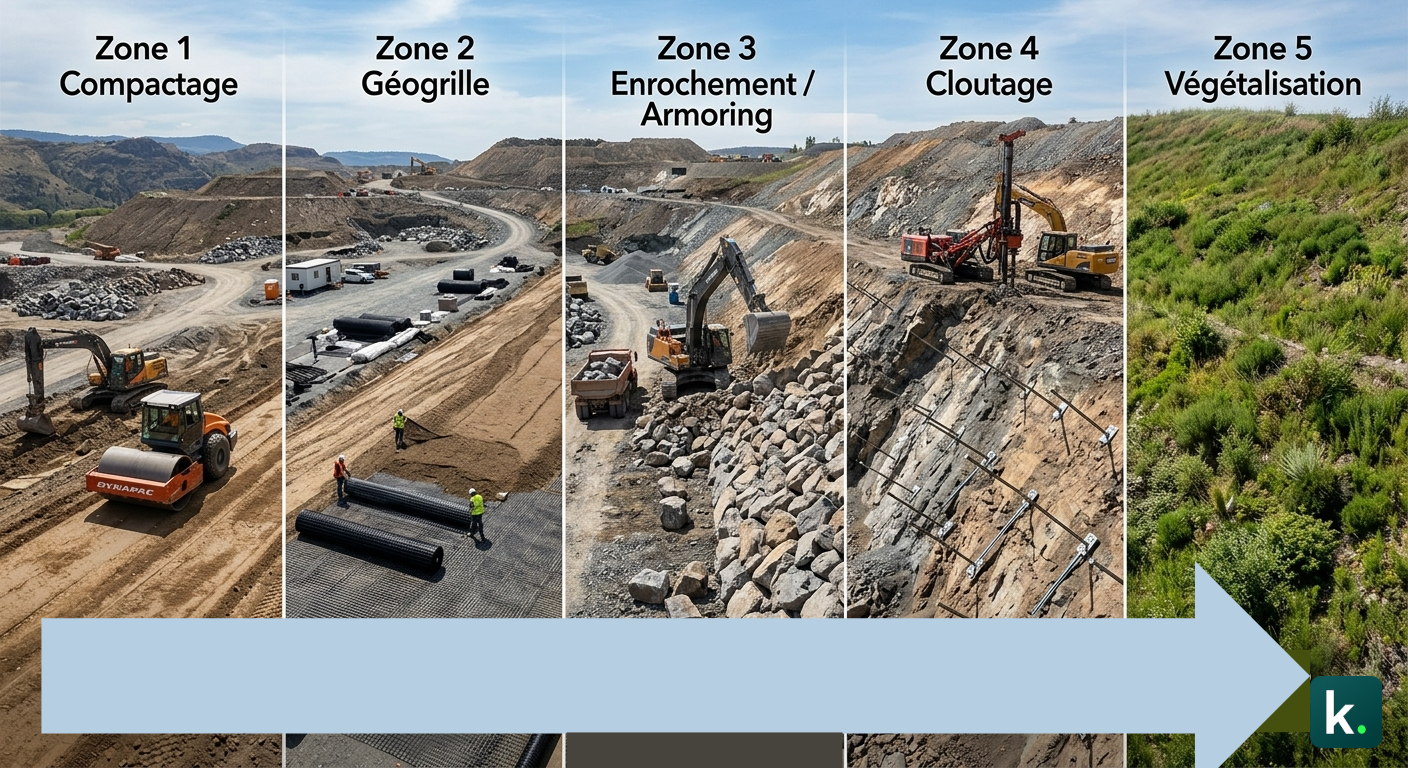 Comparaison visuelle des 5 techniques de stabilisation de talus : compactage, géogrille, enrochement, cloutage et végétalisation