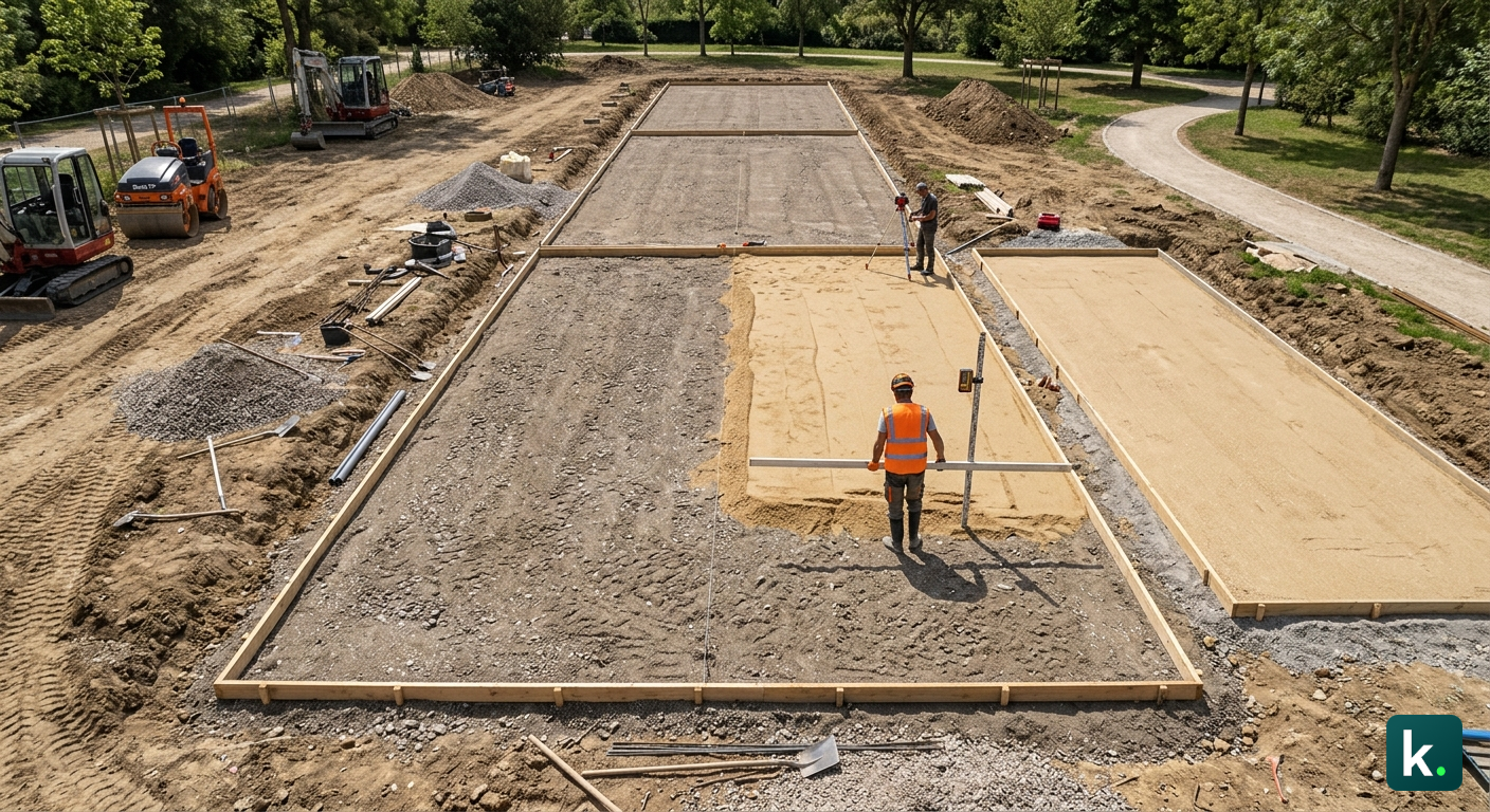 Vue aérienne d'un terrain de pétanque en construction avec mise à niveau au laser et couches de grave et sable