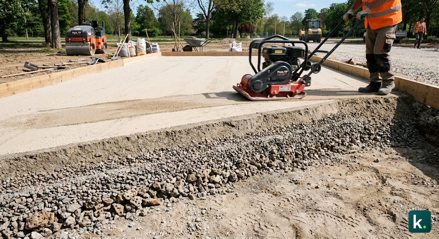 Vue en coupe des couches successives d'un terrain de pétanque : grave, sable moyen, sable fin avec plaque vibrante