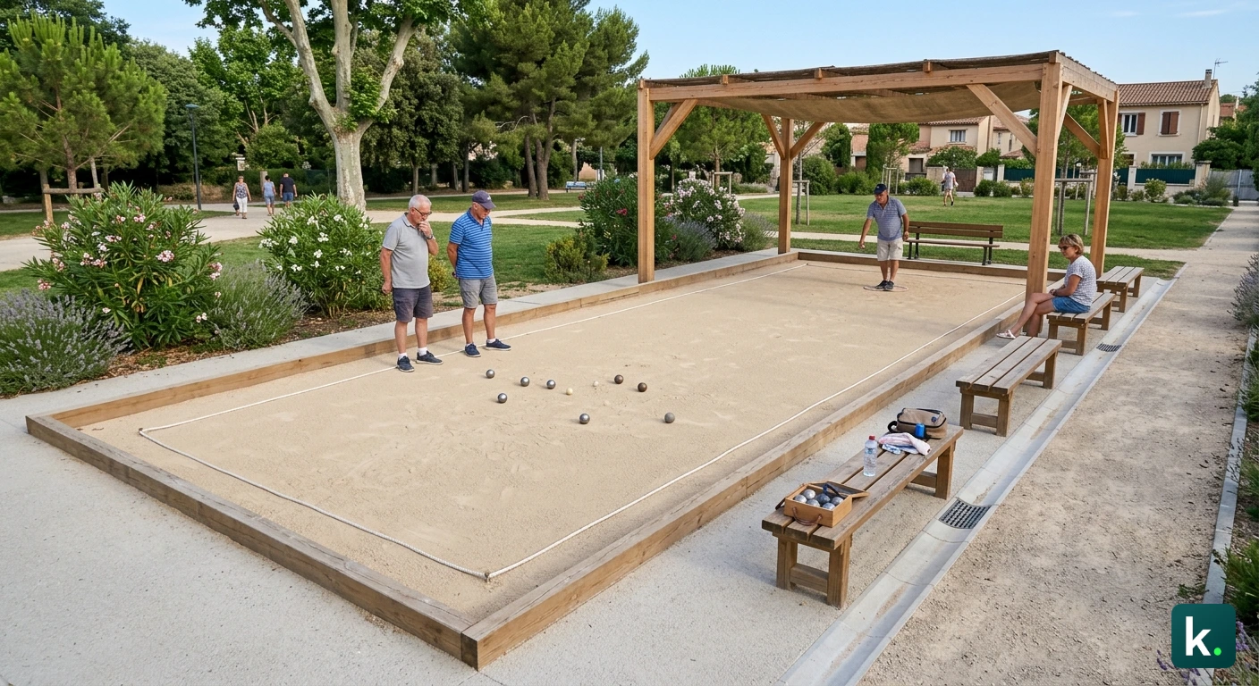 Terrain de pétanque finalisé avec joueurs, surface lisse, abris, bancs et système d'égouttage professionnel