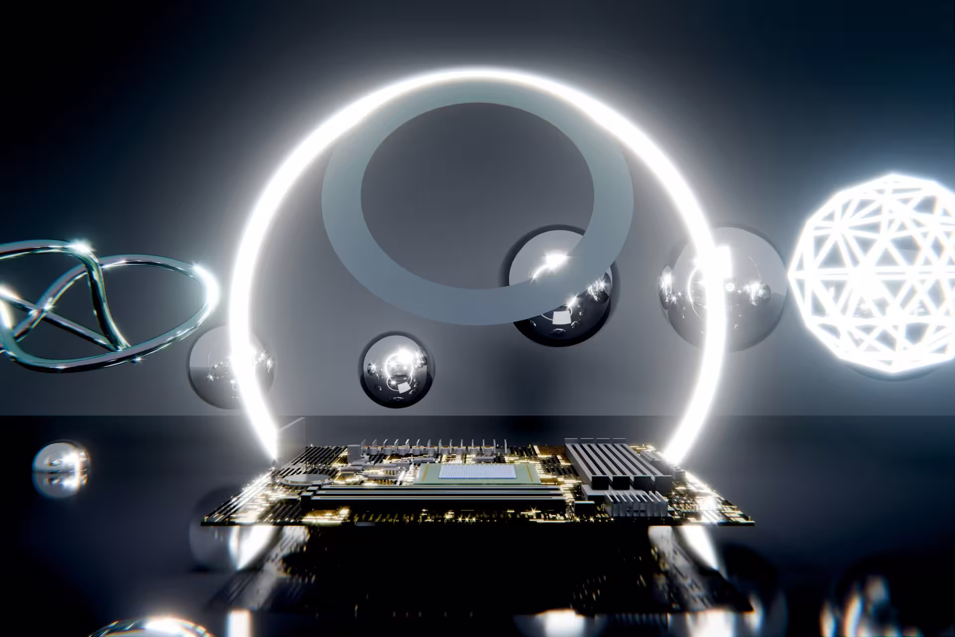 Image of several 3D elements illustrating AI governance