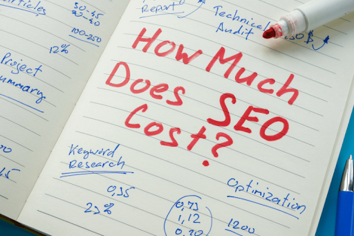 How much does SEO cost written on a notebook with SEO audit, keyword research, and optimization notes