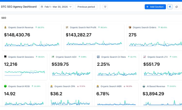 SEO performance dashboard showing organic revenue, net profit, orders, sessions, conversion rate, customer lifetime value, and return on SEO investment metrics