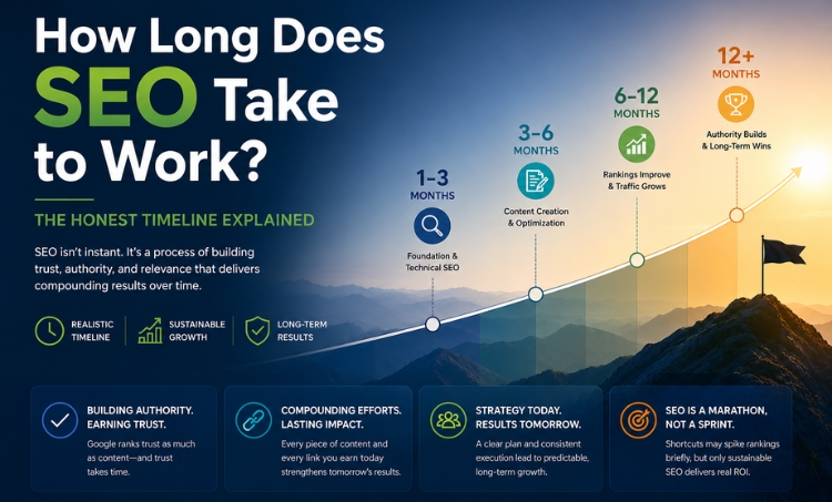 SEO growth timeline infographic showing how SEO results build over 1-3, 3-6, 6-12, and 12+ months, with a rising graph representing long-term organic growth and authority.