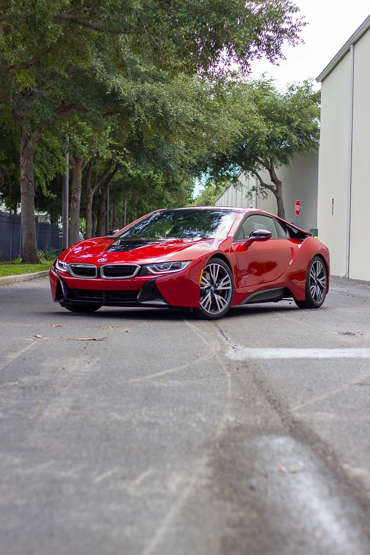 Red BMW i8 after exterior detailing at Allure Auto Spa in Casselberry, Florida
