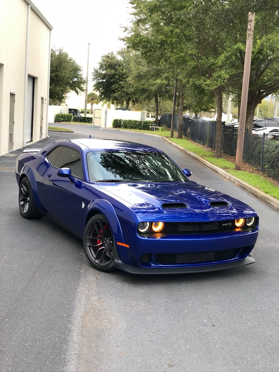 Glossy blue Dodge Challenger Hellcat freshly detailed at Allure Auto Spa in Casselberry, Florida