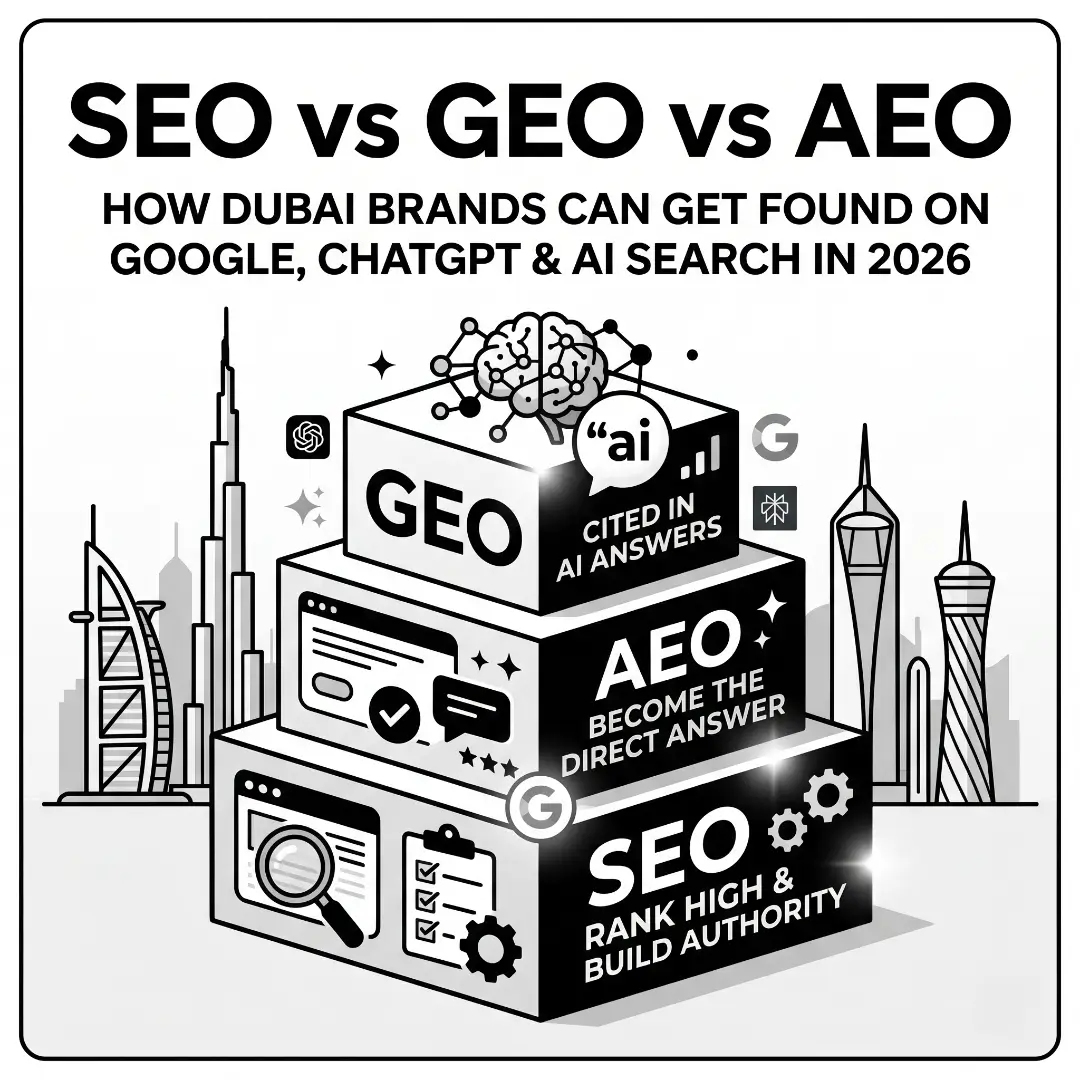 SEO vs GEO vs AEO: How Dubai Brands Can Get Found on Google, ChatGPT & AI Search in 2026