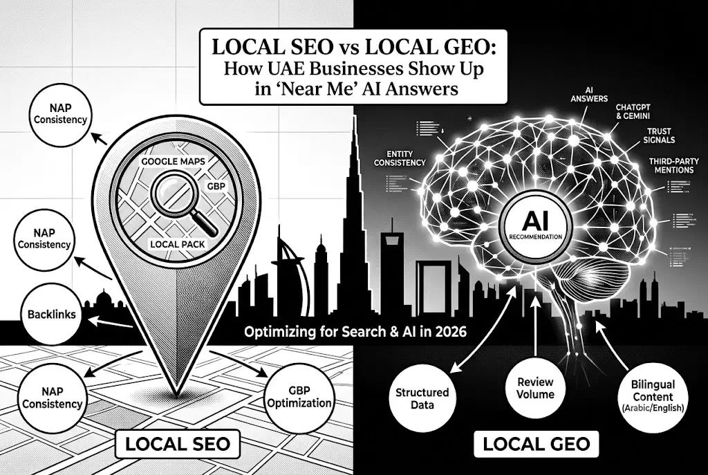 Local SEO vs Local GEO: How UAE Businesses Show Up in "Near Me" AI Answers