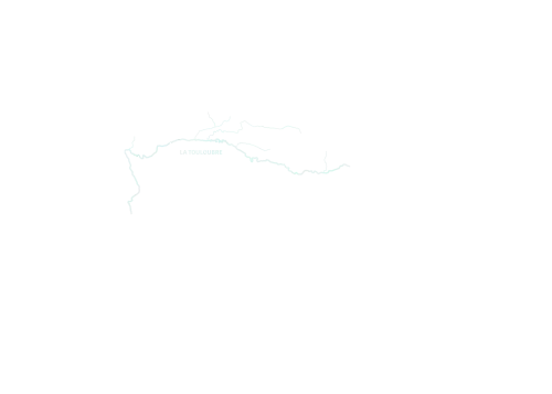 Carte simple montrant le cours principal et les affluents de la rivière La Touloubre sur fond noir.