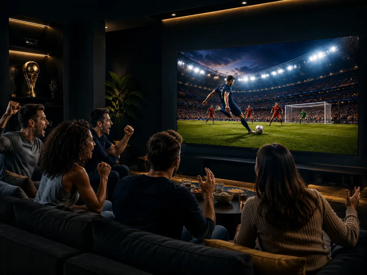Group of friends watching the 2026 fifa world cup on a 4K screen - How to Watch World Cup in 4K with Fox One