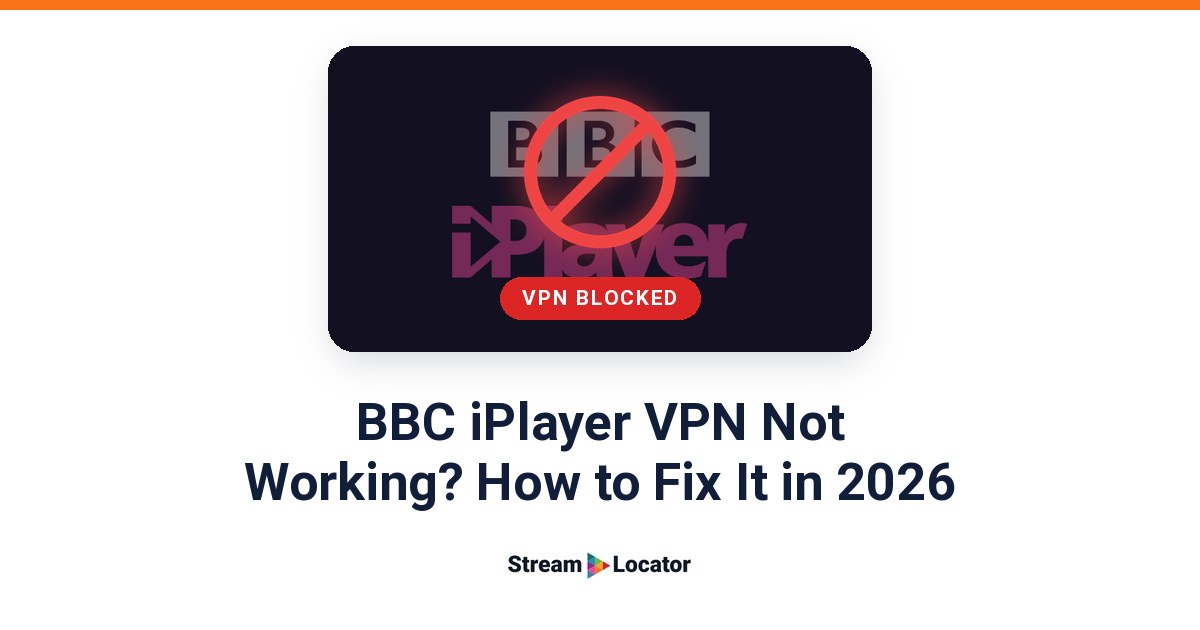 BBC iPlayer logo behind a red no-entry symbol and a VPN blocked label, above the headline BBC iPlayer VPN Not Working? How to Fix It in 2026