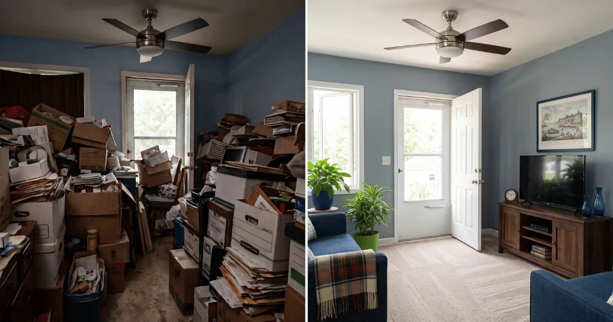 A split-screen before-and-after image demonstrating a hoarding intervention; the left shows a room severely cluttered with stacked boxes blocking a doorway, while the right shows the same room cleared, brightly lit, and safely organized with a visible exit.