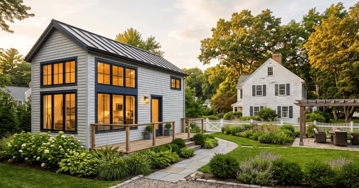 A modern, detached backyard accessory dwelling unit (ADU) featuring large windows and a small deck, situated on a landscaped lawn next to a traditional white single-family home.