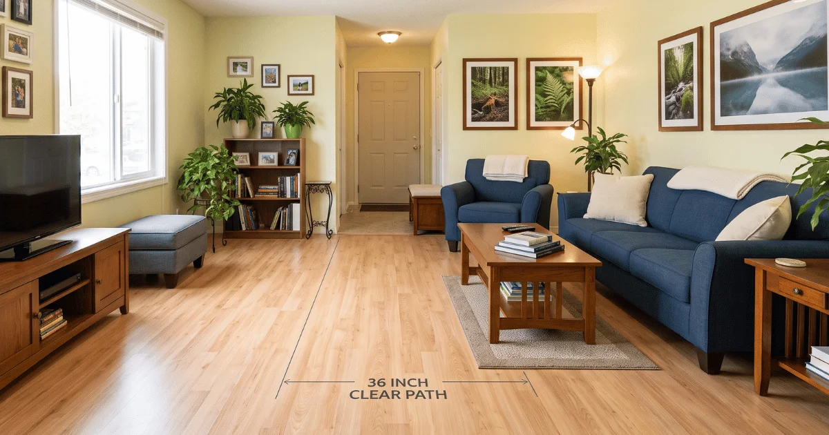 A clean, well-lit residential living room featuring a graphic overlay that highlights an unobstructed 36-inch clear path across the wood floor, leading safely through the space to an exit door.