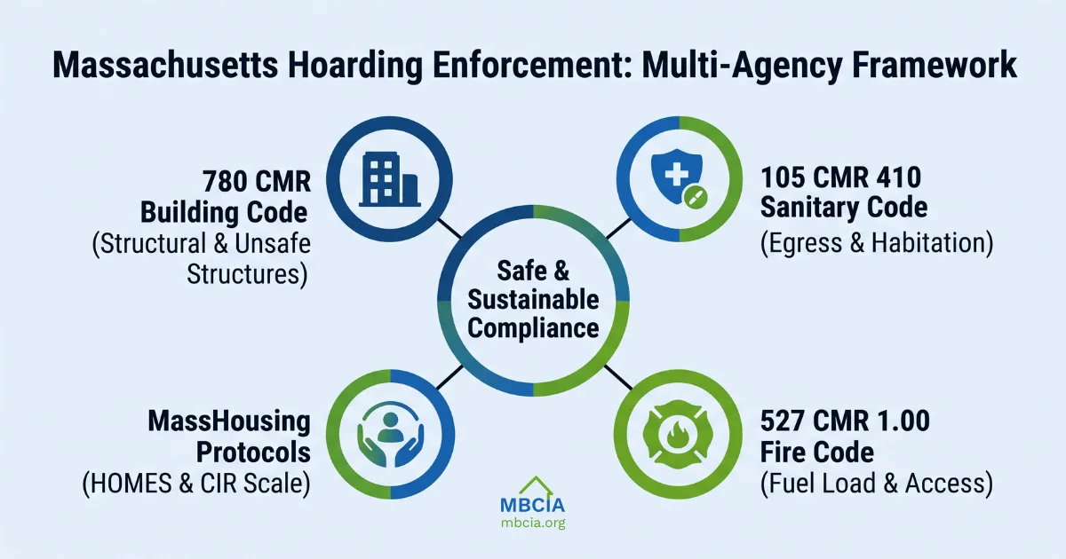 A circular infographic detailing a multi-agency hoarding enforcement framework, linking the 780 CMR Building Code, the 105 CMR 410 Sanitary Code, the 527 CMR 1.00 Fire Code, and MassHousing Protocols together to achieve safe and sustainable compliance.