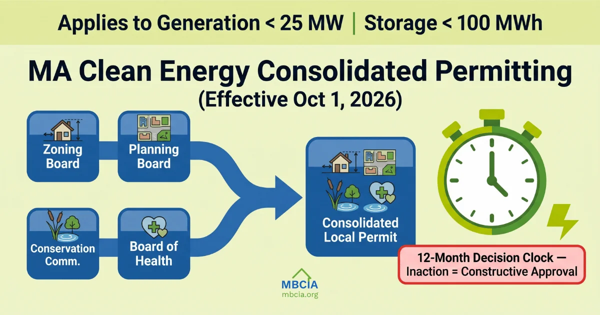 An infographic illustrating Massachusetts clean energy permitting, showing individual approvals from zoning, planning, conservation, and health boards funneling into a single consolidated local permit, alongside a 12-month decision clock indicating that inaction results in constructive approval.