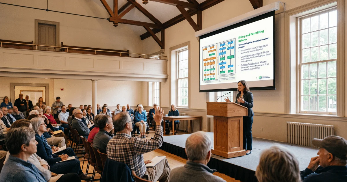 A female official standing at a wooden podium, presenting a slideshow on clean energy siting and permitting reforms to a seated audience of community residents during a town hall meeting.