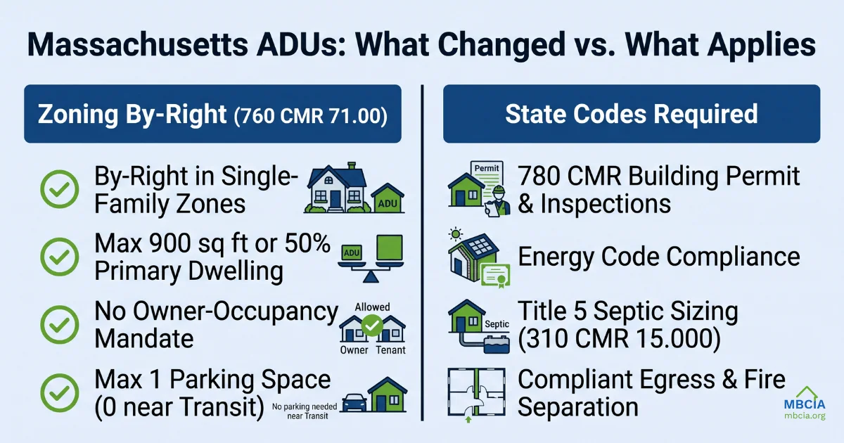 n infographic comparing Massachusetts ADU regulations, showing zoning by-right allowances on the left—such as up to 900 square feet and no owner-occupancy mandates—contrasted with mandatory state requirements on the right, including 780 CMR building permits, energy code compliance, Title 5 septic sizing, and fire separation.