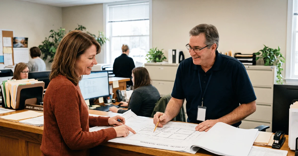 A friendly municipal building official and a homeowner smiling while collaboratively reviewing architectural blueprints together at a local building department permit counter.