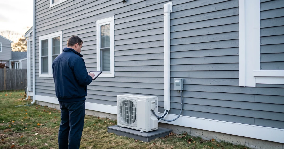Building official reviewing an outdoor mini-split condenser and its wall-mounted electrical disconnect beside a New England home
