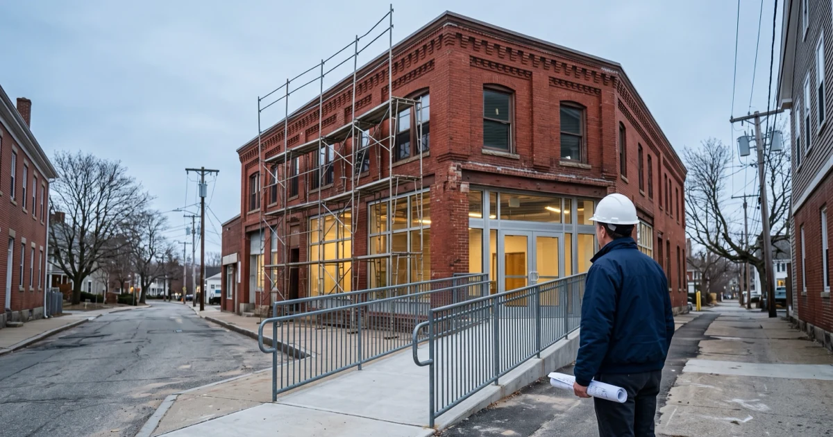 Renovated brick storefront in a Massachusetts downtown with a new accessible ramp entrance and a building official reviewing plans