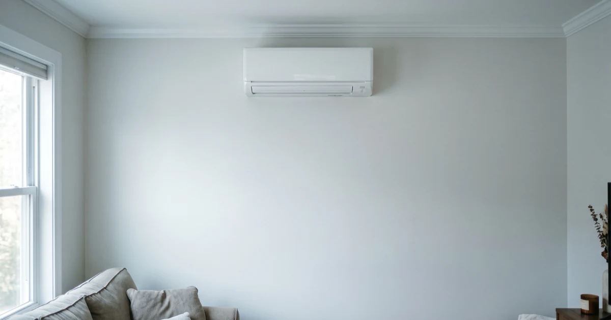 White wall-mounted mini-split indoor unit mounted high on a living room wall near the ceiling