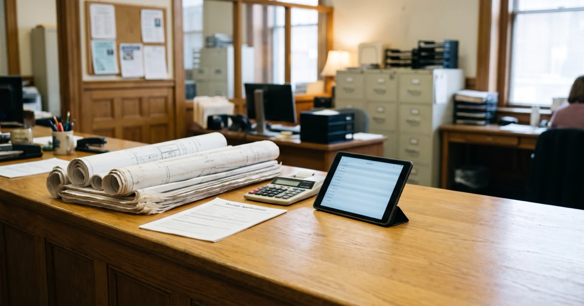 Municipal permit counter with rolled plans, a permit application, a calculator, and a tablet