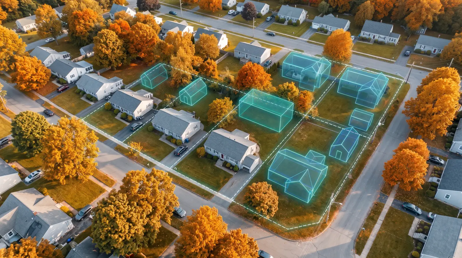 Autumn aerial view of a Massachusetts neighborhood street with translucent 3D outlines of new homes and accessory dwelling units on subdivided lots