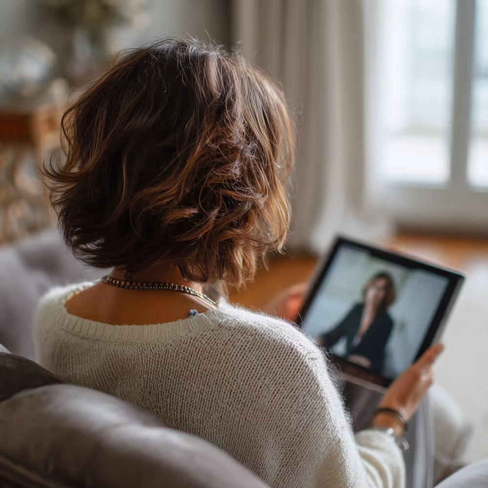 Woman sitting on couch with ipad talking with her therapist