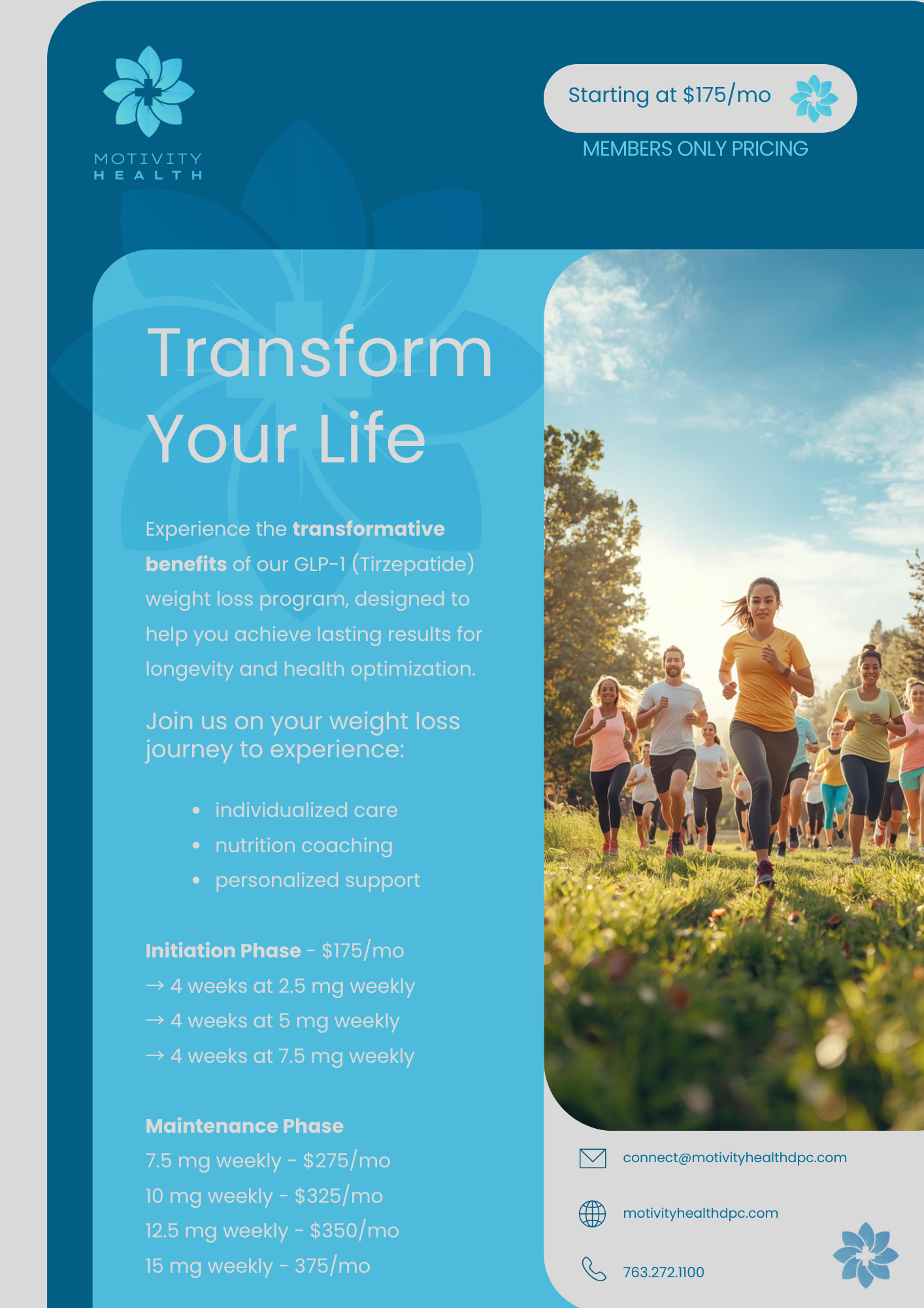 Flyer for Motivity Health's GLP-1 (Tirzepatide) weight loss program with pricing details and group of people running outdoors.