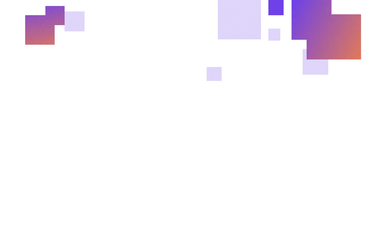 Abstract geometric design with various purple and pink gradient squares and rectangles scattered on a black background.