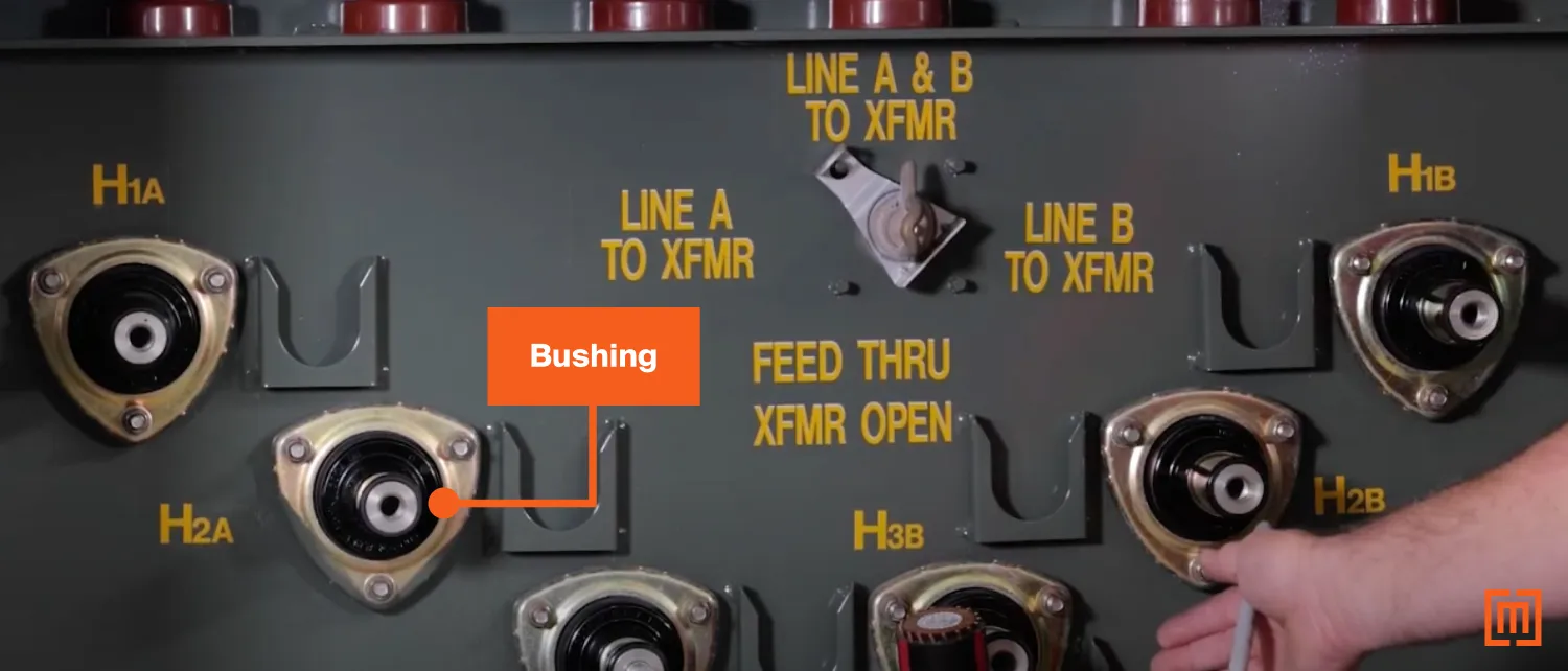 Labled bushing on a padmount transformer