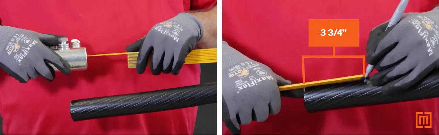 Technician measures the depth of the lug and marks 3 3/4 inches on the cable