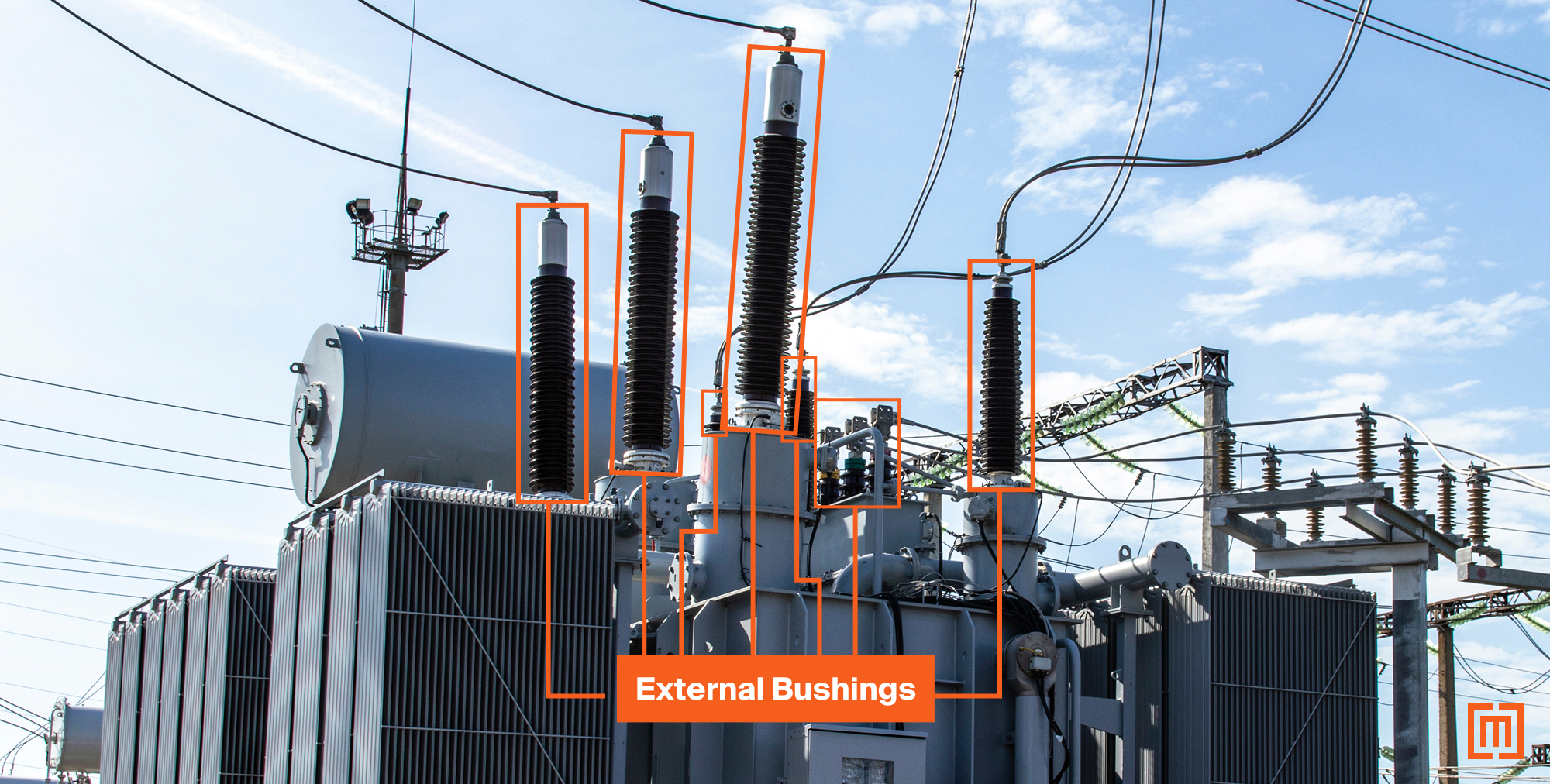 Substation in yard with large external bushings highlighted