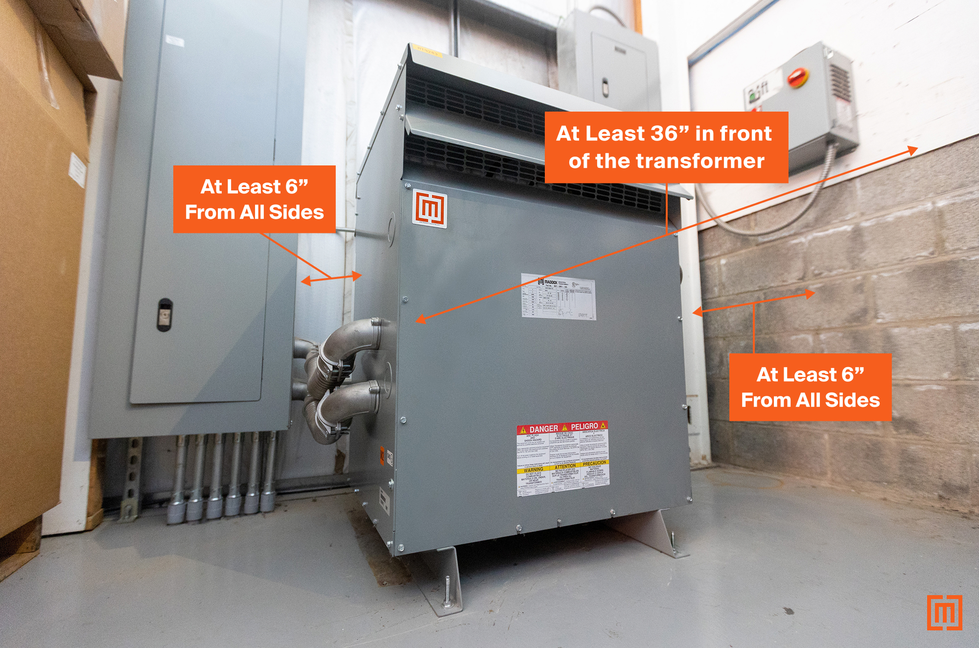 graphic of required clearances for low voltage dry type installation