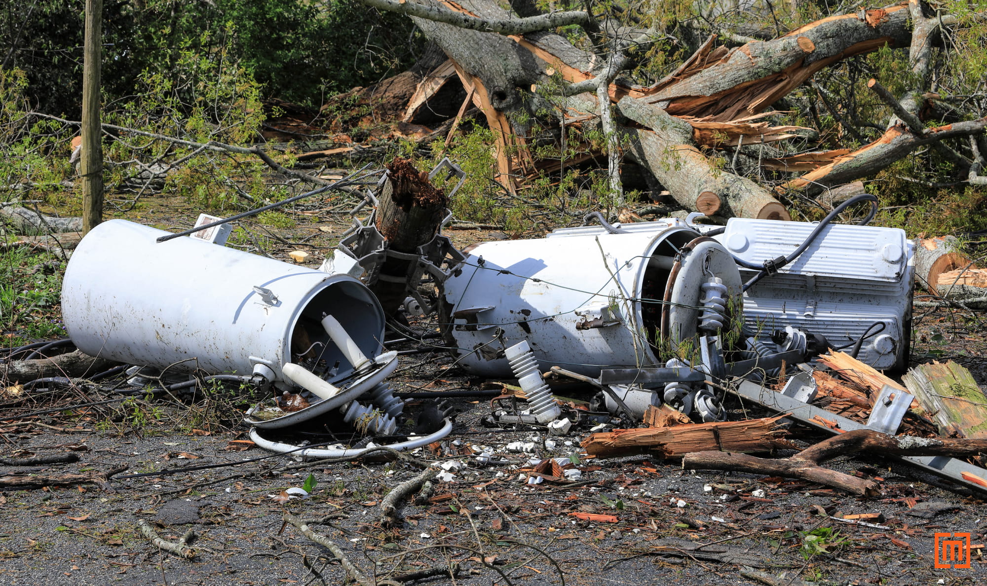 photo of polemount transformer destroyed by hurricane in Georgia