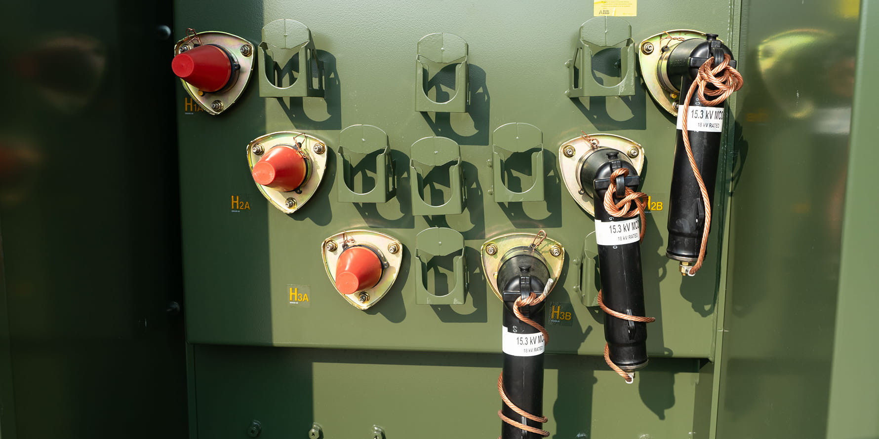 closeup of arresters on a green loop-feed padmount transformer