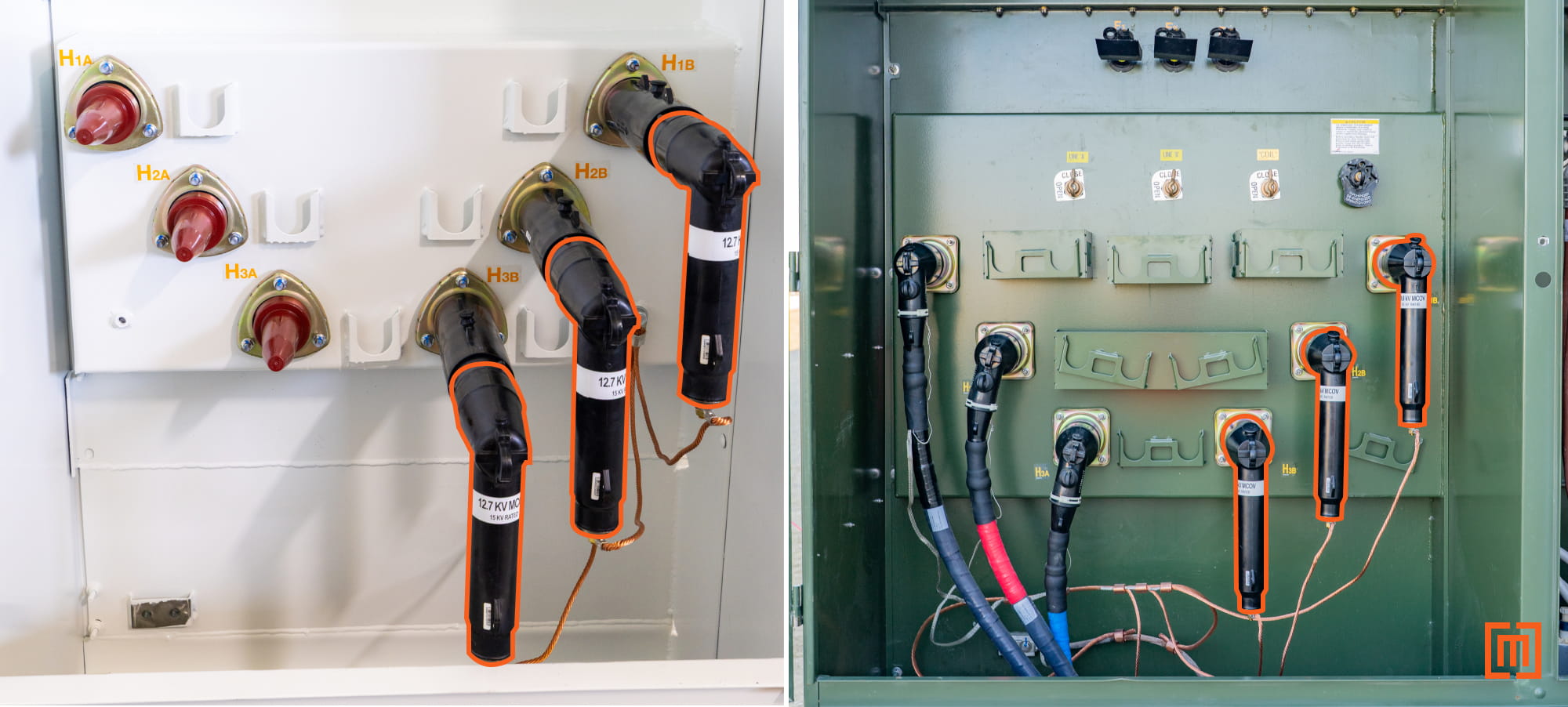 photos of dead-front arresters on loop-feed padmounts