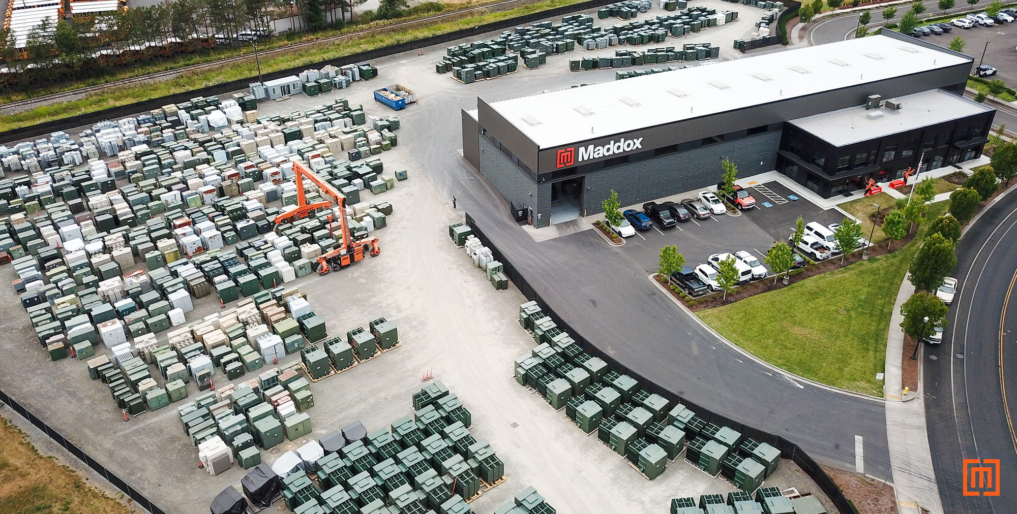 Drone shot of Maddox Industrial Transformer headquarters in Battle Ground, Washington