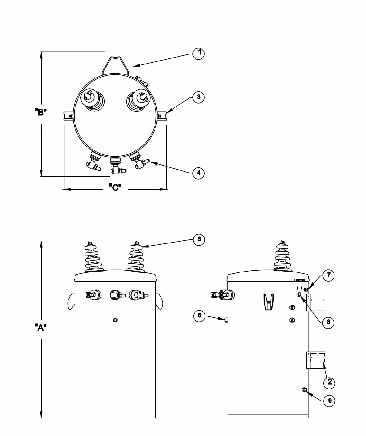 Technical drawings of a polemount transformer