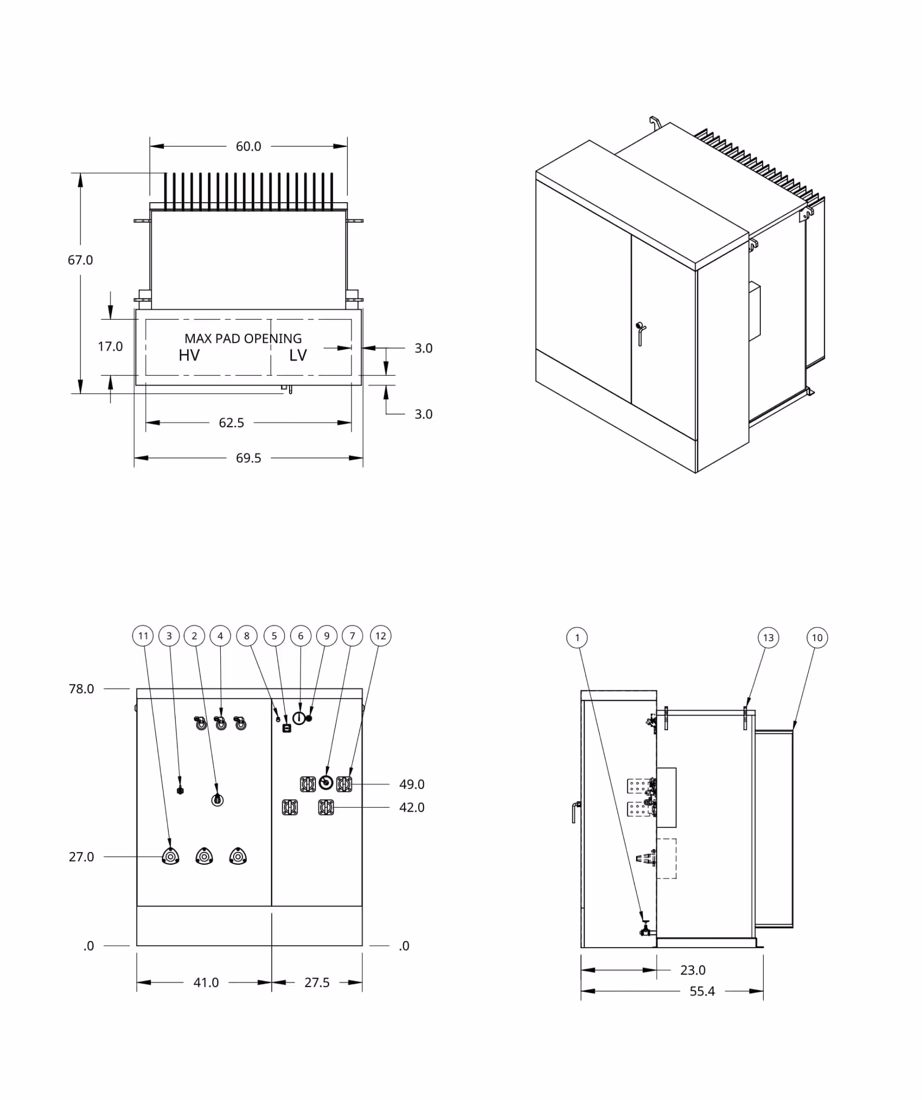 Technical illustration of a standard padmount electrical transformer