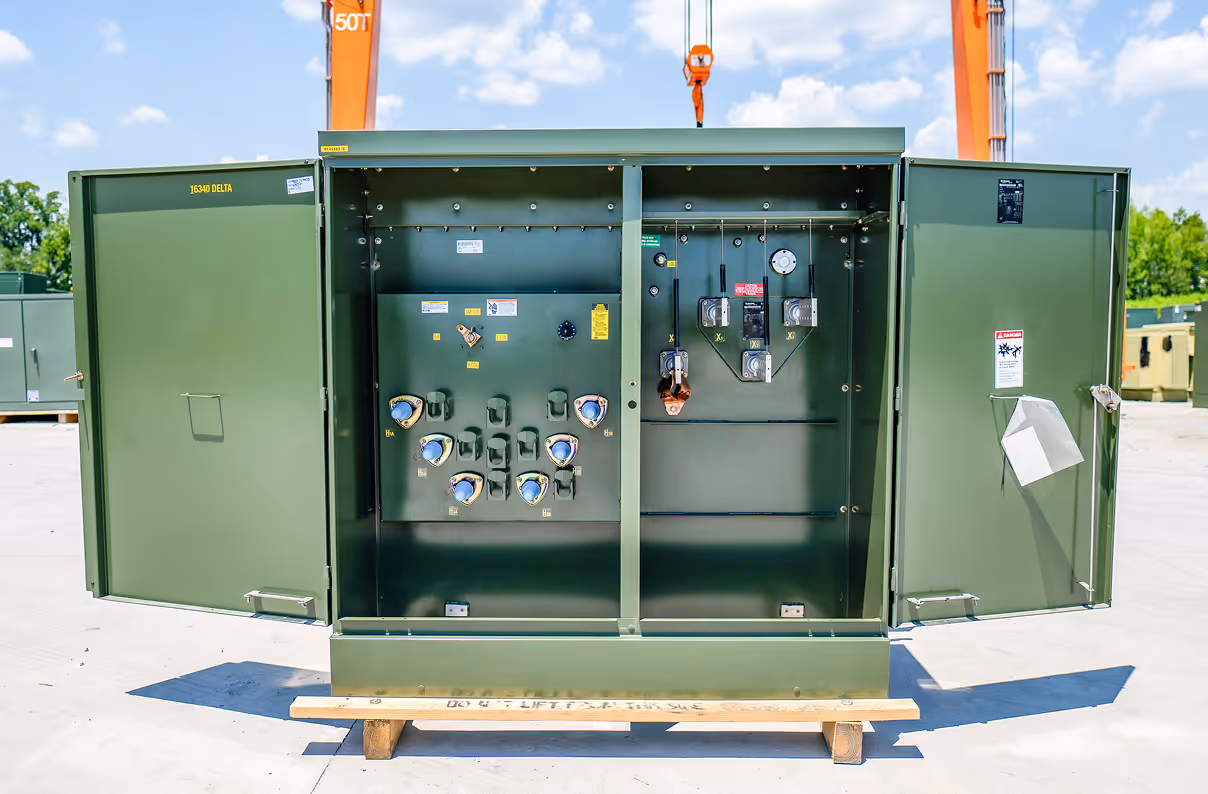 Maddox padmount transformer with the cabinet doors open