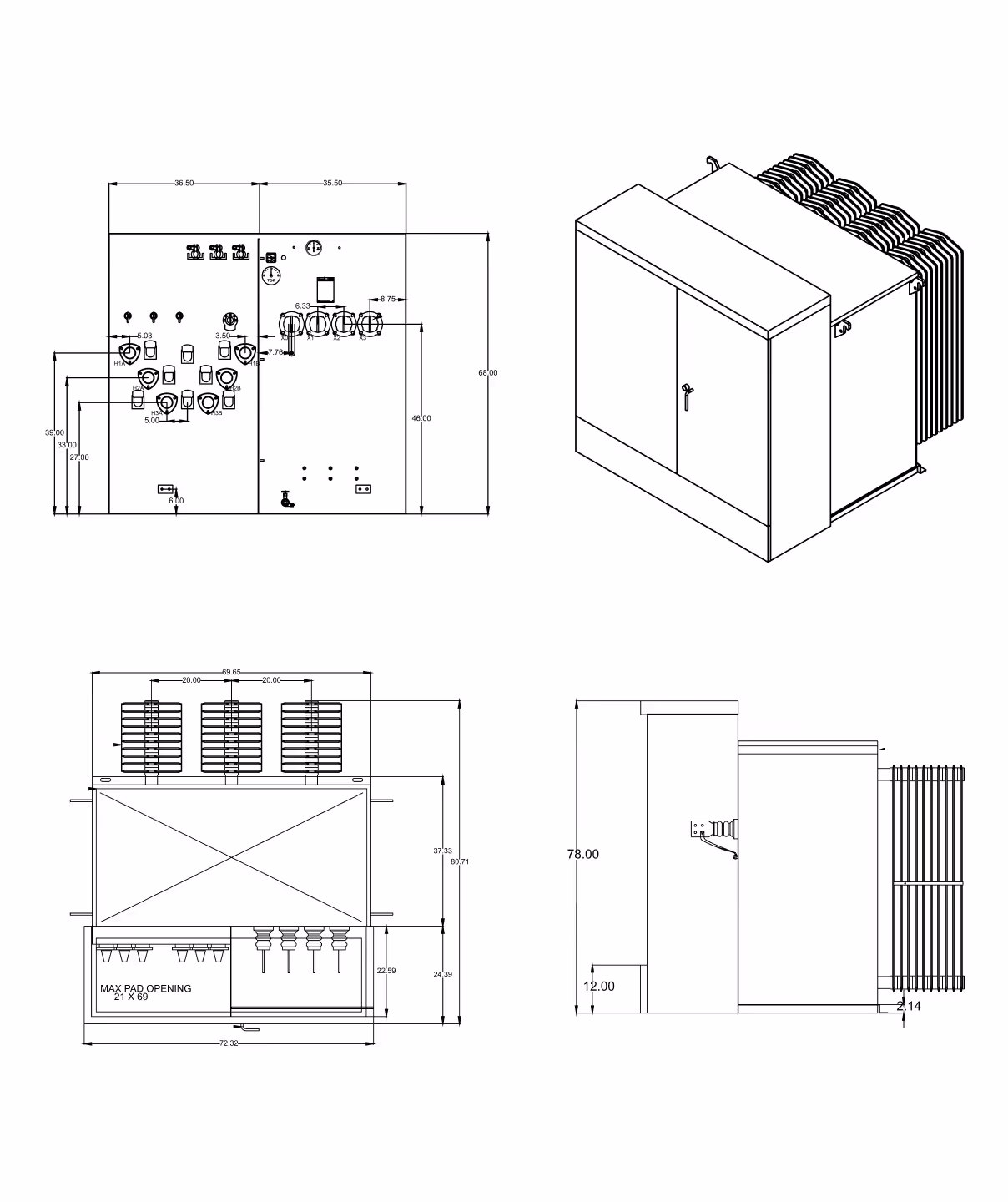 Technical illustration of a 2500 kVA padmount electrical transformer
