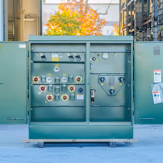 500 kVA Padmount facing forward with open cabinet doors