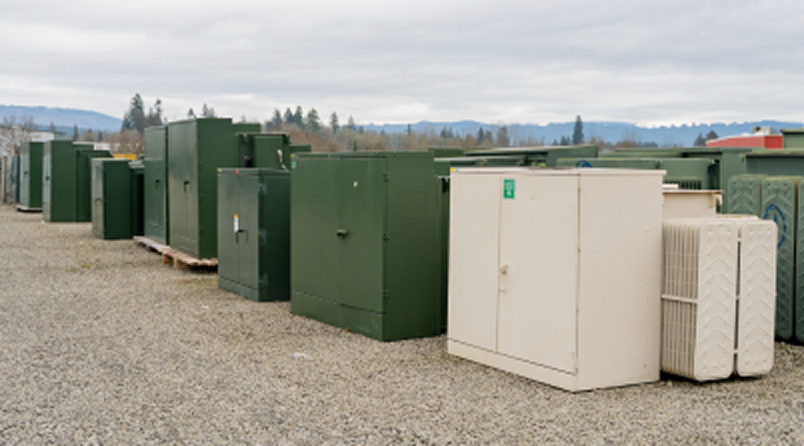 Padmount transformers stored at Maddox Transformer in Battle Ground, WA
