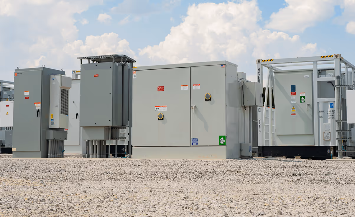 A grey Maddox padmount transformer powering a battery energy system storage project