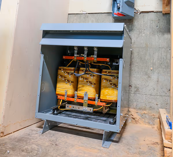 A Maddox low voltage dry-type transformer with the front cover off showing the core and coil positioned on a concrete floor near unfinished walls.