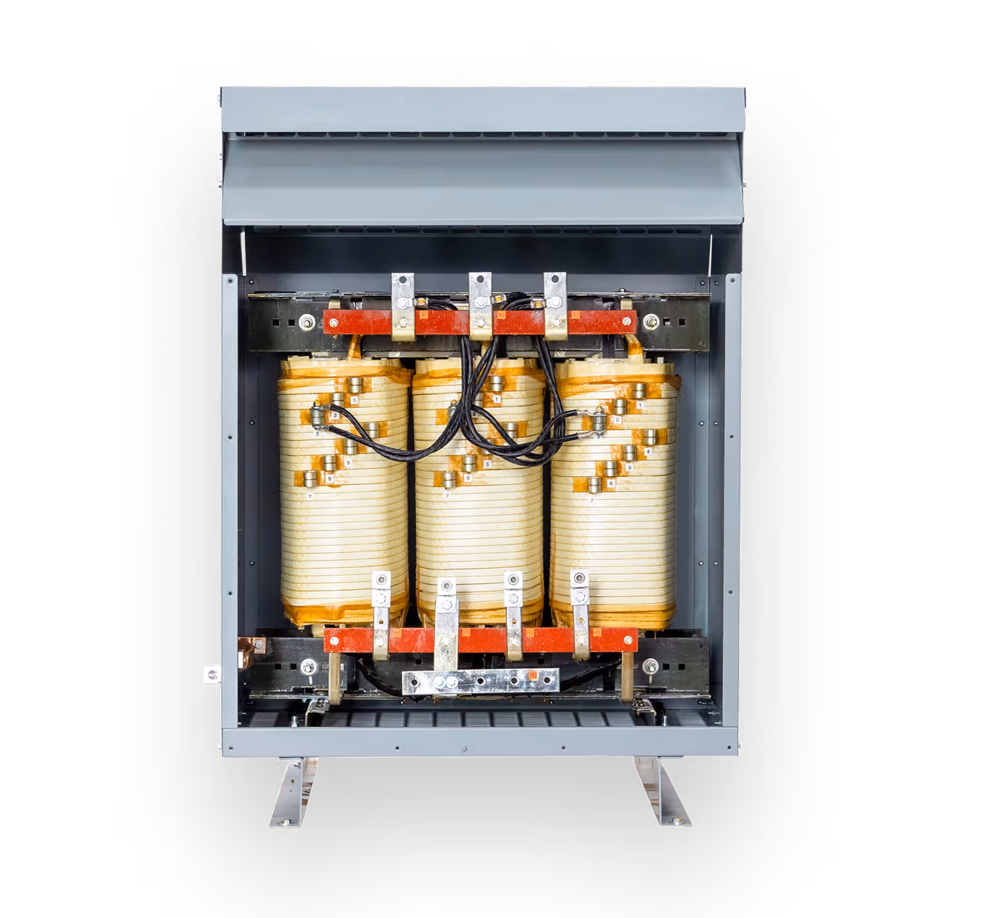 A Maddox low voltage dry-tpe transformer with the cover off showing the core and coils